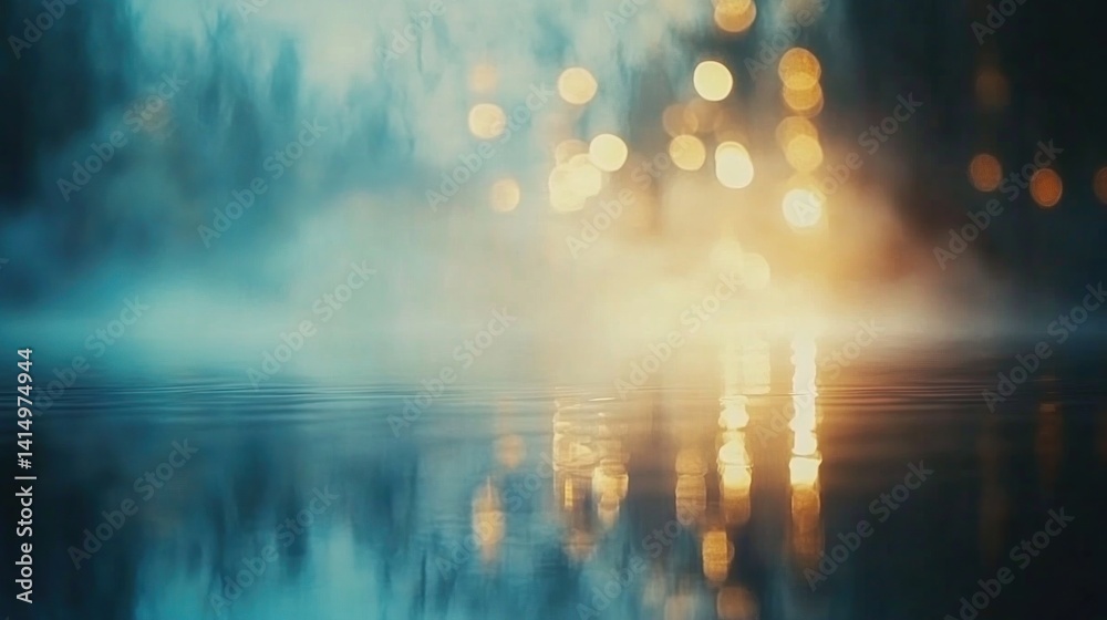 Fototapeta premium Mysterious, glowing reflections on a still, dark water surface.