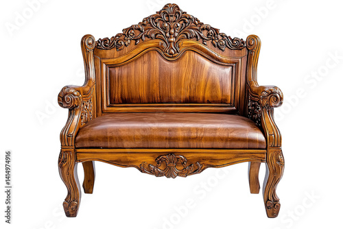 Ornate wood loveseat with detailed carvings and leather seat against a transparent background