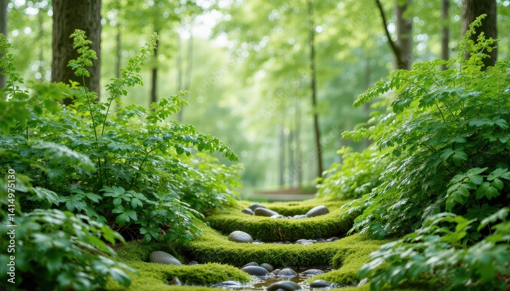 Fototapeta premium Exploring green plants amidst a serene forest stream nature walk tranquil environment close-up view natural beauty