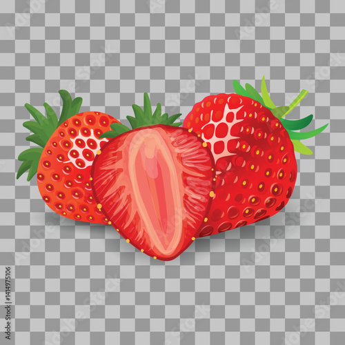 red strawberry fruit and healthy fresh berry vector png design with green leaves