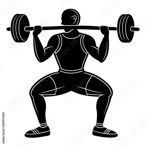 Line art vector silhouette of a person in a squat position, holding a barbell across their shoulders 