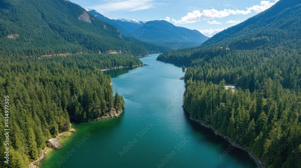 Obraz premium The river flows between forested banks with white water rapids