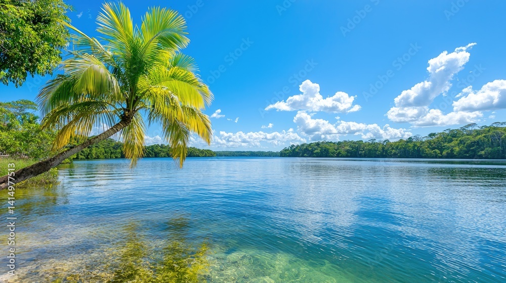 Obraz premium Serene tropical paradise palm trees crystal clear water sunny sky