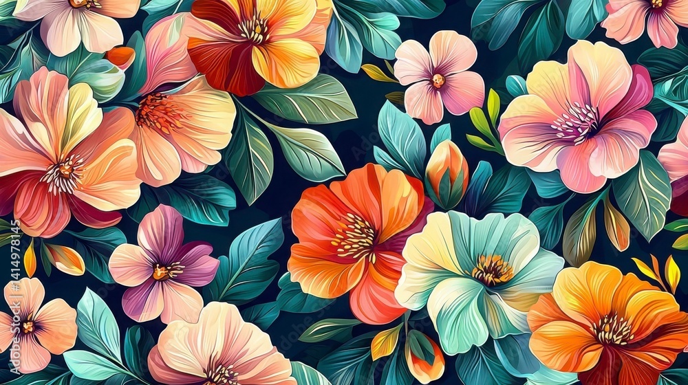 Lush floral pattern with vivid flowers and leaves background for invitation mother's day card. Lush floral pattern with vivid flowers and leaves background for invitation mother's day card.