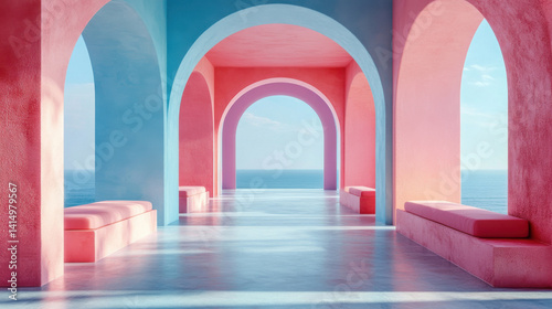 Colorful Arched Corridor With Ocean View  Pink and Blue Tones Contrast Against a Reflective Floor  Leading to a Serene  Picturesque Seascape.