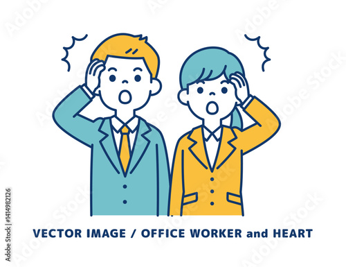 うっかりしていて気付く、若い男女の会社員のベクターイラスト素材＿線の編集可能