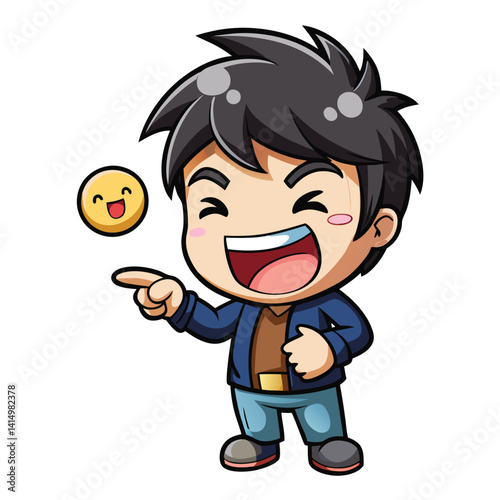 Joyful cartoon character pointing
