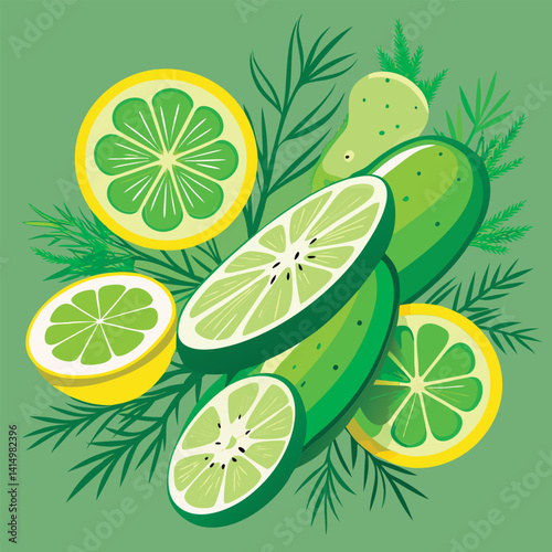 Fresh green fruit and herbs.