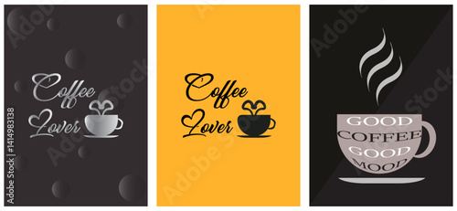 Print Collection of Tea or Coffee lover mobile wallpaper background in black , Set of banners and posters for social media, restaurant and coffee bar advertising. Vector illustration concepts. 