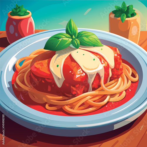 Delicious Italian meatball sub on spaghetti.