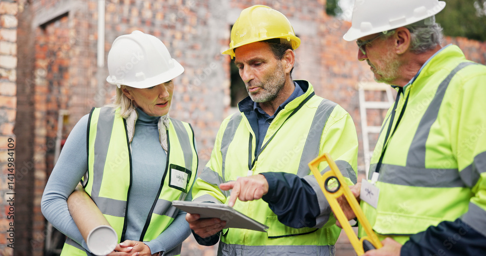 Discussion, tablet and construction team on site for building, maintenance or repairs. Meeting, digital technology and group of civil engineers with contractor for renovation or property development. Discussion, tablet and construction team on site for building, maintenance or repairs. Meeting, digital technology and group of civil engineers with contractor for renovation or property development.