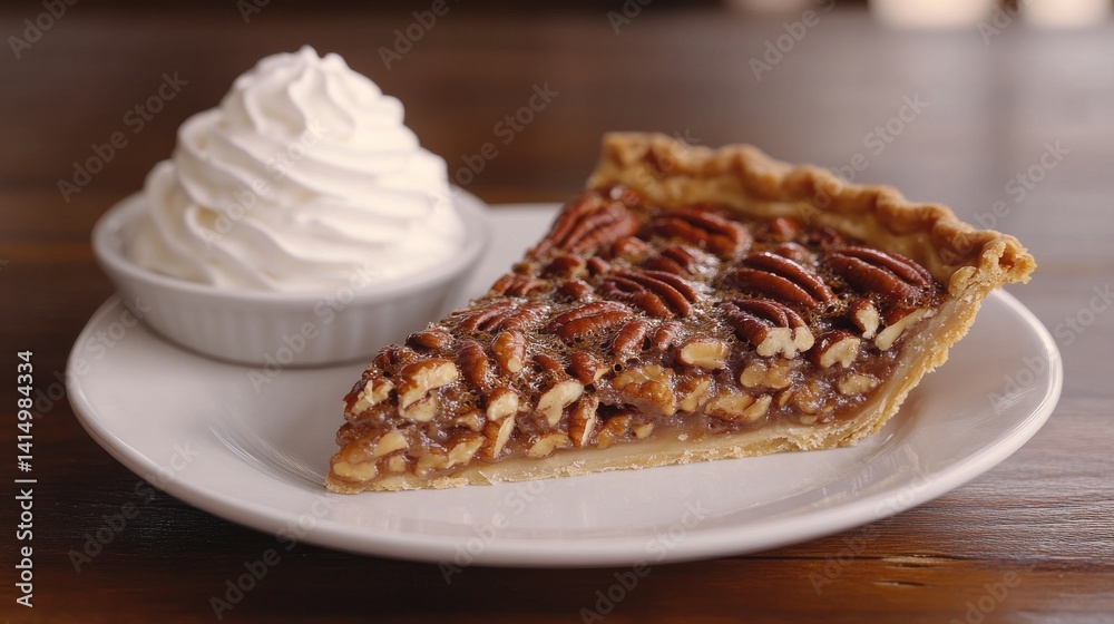 A whole pecan pie on a rustic wooden table, adorned with pecans and served with a side of whipped cream, showcasing a classic dessert. A whole pecan pie on a rustic wooden table, adorned with pecans and served with a side of whipped cream, showcasing a classic dessert.