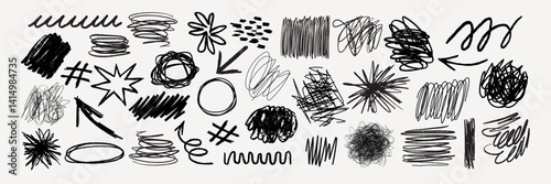 A collection of black ink scribble art illustration. Set of black ink scribble in various design illustrations. Illustration of black ink scribble art collection, scribble lines art illustration