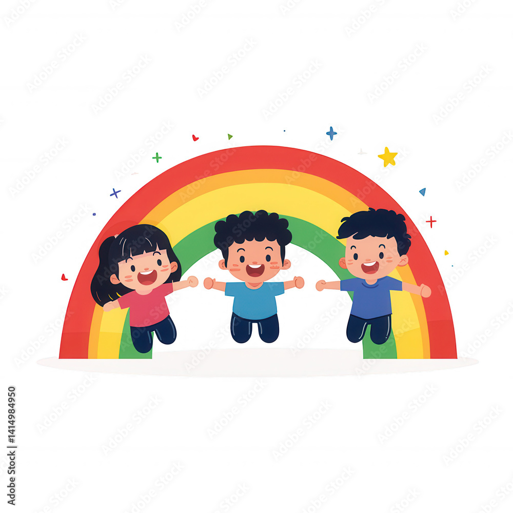 Fototapeta premium Three cheerful children playfully jumping under a colorful rainbow, surrounded by playful splashes of color, symbolizing joy and friendship.