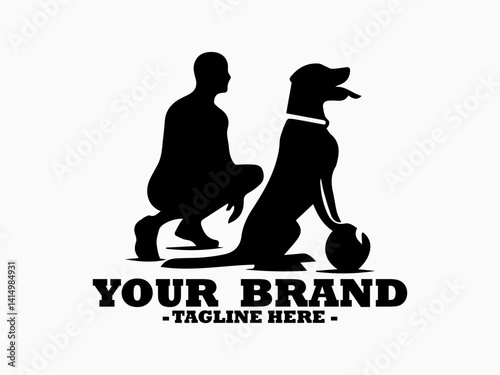 Clean black and white vector silhouette of a person caring a dog isolated on white background. Illustration dog and owner position offering a textured ball, dog and owner logo design