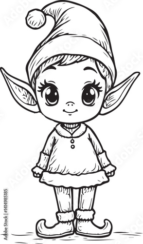 Cute Little Elf Santa's Fairy Tale Creature Black and White Vector Illustration, Sketch Drawing Line Linear Symbol Icon Engraving, Hand-drawn Isolated