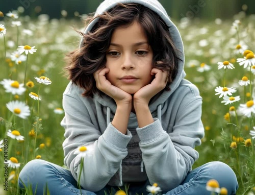 portrait of a teenage girl sitting in a clearing in the grass and feeling sad
