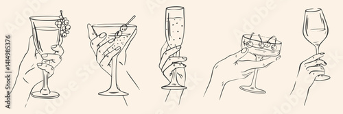 Hand drawn chalk cheers. Hands with wine, champagne glass, cocktails drawings for wedding invitations, menus and parties.  Doodle art template. Clipart vintage ink doodle sketch style