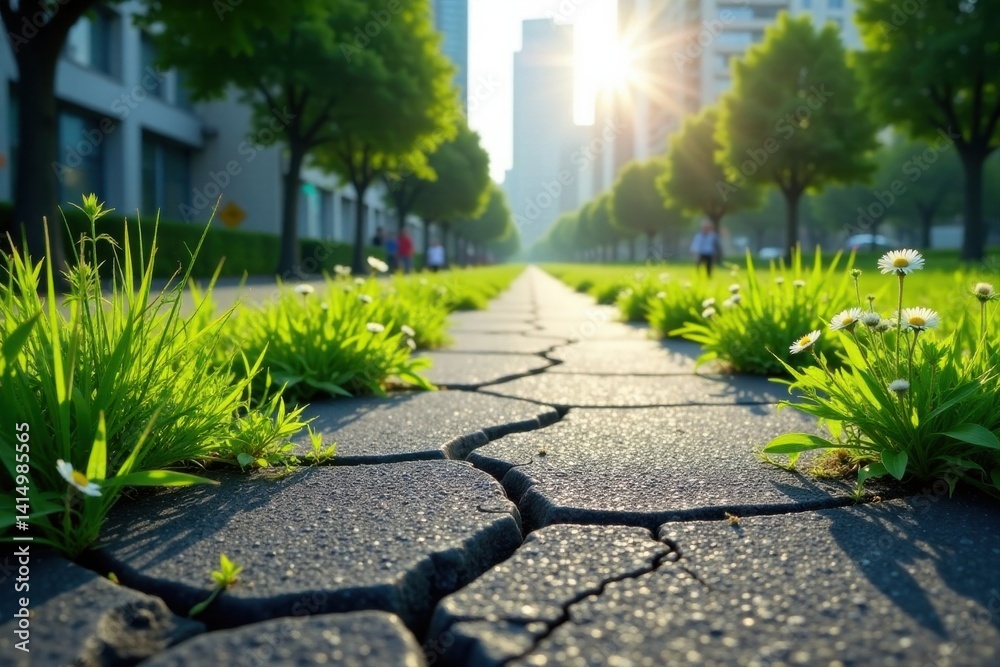 Obraz premium Sunlit Pathway Blooming Wildflowers Emerging Through Cracked Pavement in an Urban Green Space