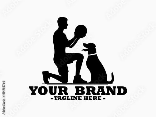 Clean black and white vector silhouette of a person caring a dog isolated on white background. Illustration dog and owner position offering a textured ball, dog and owner logo design