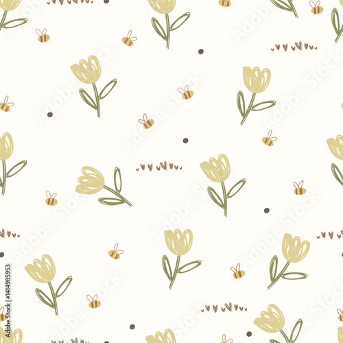 Seamless pattern with flowers and bees. Hand drawn kids illustration.	
