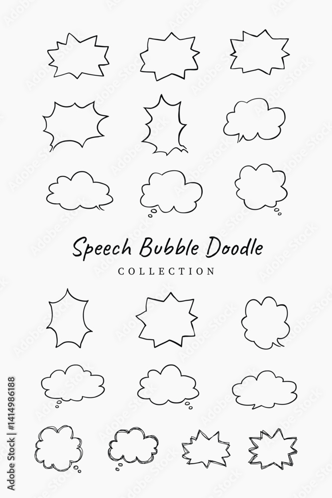 Naklejka premium A collection of simple lines hand drawn speech bubbles in various shapes. Set of simple of hand drawn speech bubbles in various sizes and shapes. Set of simple lines hand drawn speech bubbles