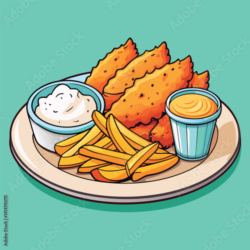 Crispy Fish and Chips with Sauces.