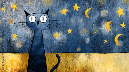 A whimsical illustration of a black cat gazing up at a starry night sky filled with stars and crescent moons.