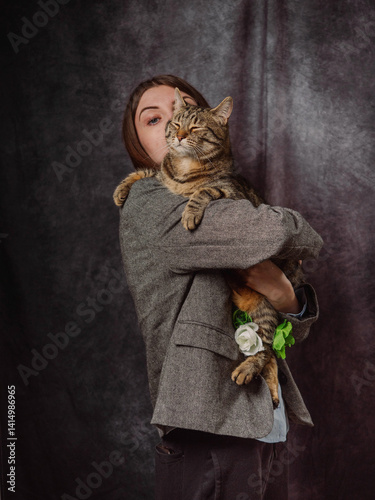 Classic portrait of a young girl in business suit and holding big heavy tabby cat, Grey color background. Elegant model with long hair and calm face expression.