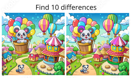 Cute panda in a hot air balloon enjoying a colorful village while finding 10 differences