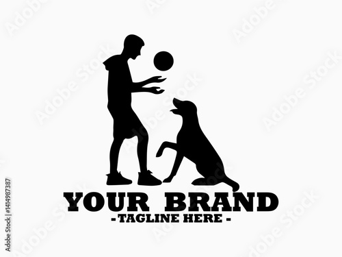 Clean black and white vector silhouette of a person caring a dog isolated on white background. Illustration dog and owner position offering a textured ball, dog and owner logo design