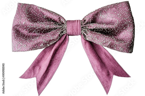 Glittering mauve bow. Intricate silver specks adorn its fabric, adding festive touch. Elegant and visually appealing
