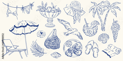 Hand drawn Italian summer vacation illustration set. Palm tree, lemon, cocktails and seashells in doodle sketch style. Sea weekend or rest collection for invitations to beach party, picnic, wedding.