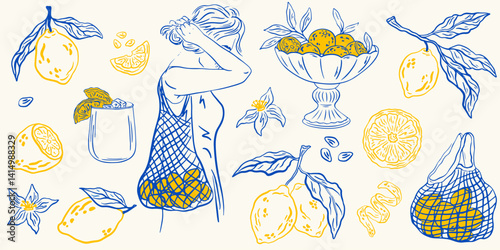 Hand drawn Italian amalfi summer vacation with lemons. Sketch doodle citrus tropical fruits. Sea weekend collection for beach party, picnic, wedding invitations. Vector ink doodle style illustration 