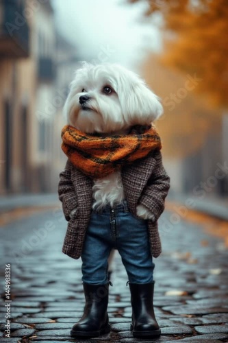 elegant maltipoo dog in scarf and jacket walking in autumn on city street, enjoying nature