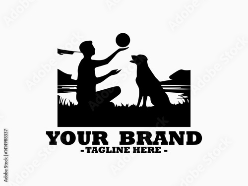Clean black and white vector silhouette of a person caring a dog isolated on white background. Illustration dog and owner position offering a textured ball, dog and owner logo design