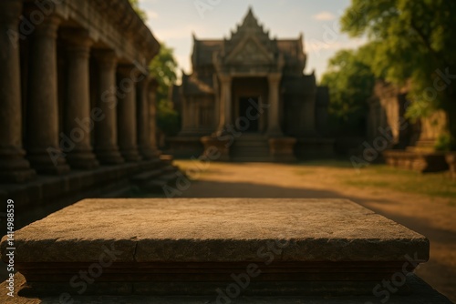 Ancient Temple Ruins Surrounded by Lush Greenery and Shadows