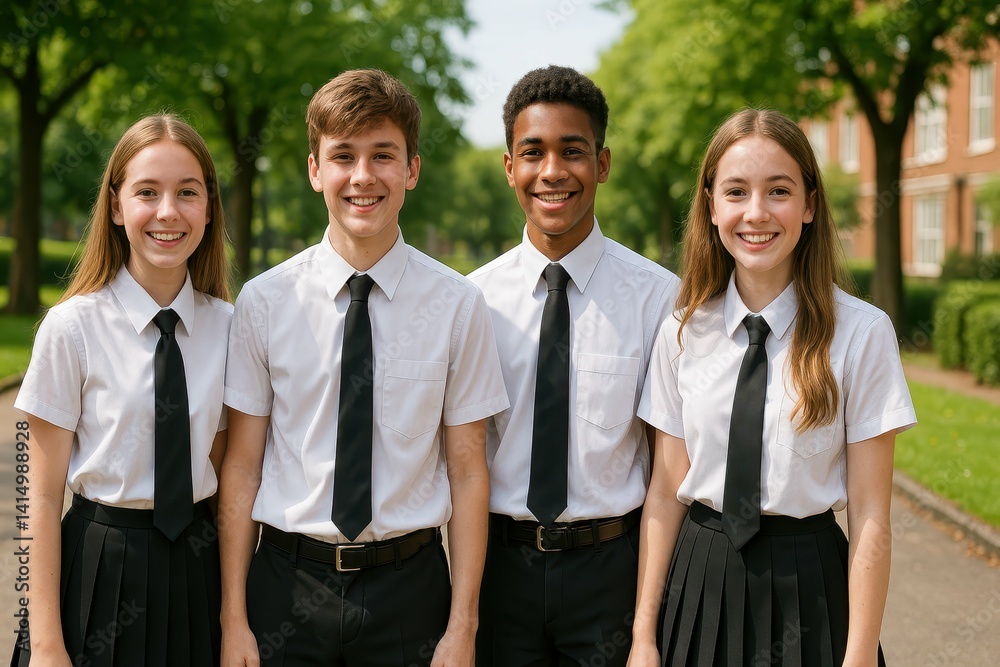 Four Diverse Students Smiling in Smart School Uniforms Outdoors Four Diverse Students Smiling in Smart School Uniforms Outdoors