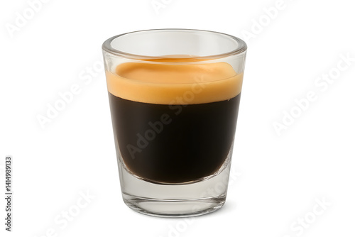 A shot of espresso with a rich, creamy layer of crema on top, served in a clear glass. Concept Espresso Shot, Creamy Crema, Clear Glass Presentation, Coffee Brew Techniques, Visual Appeal of Espresso