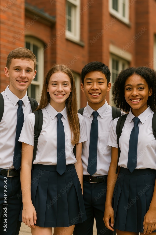 Group of Diverse School Students Smiling in Front of Classroom Building Group of Diverse School Students Smiling in Front of Classroom Building