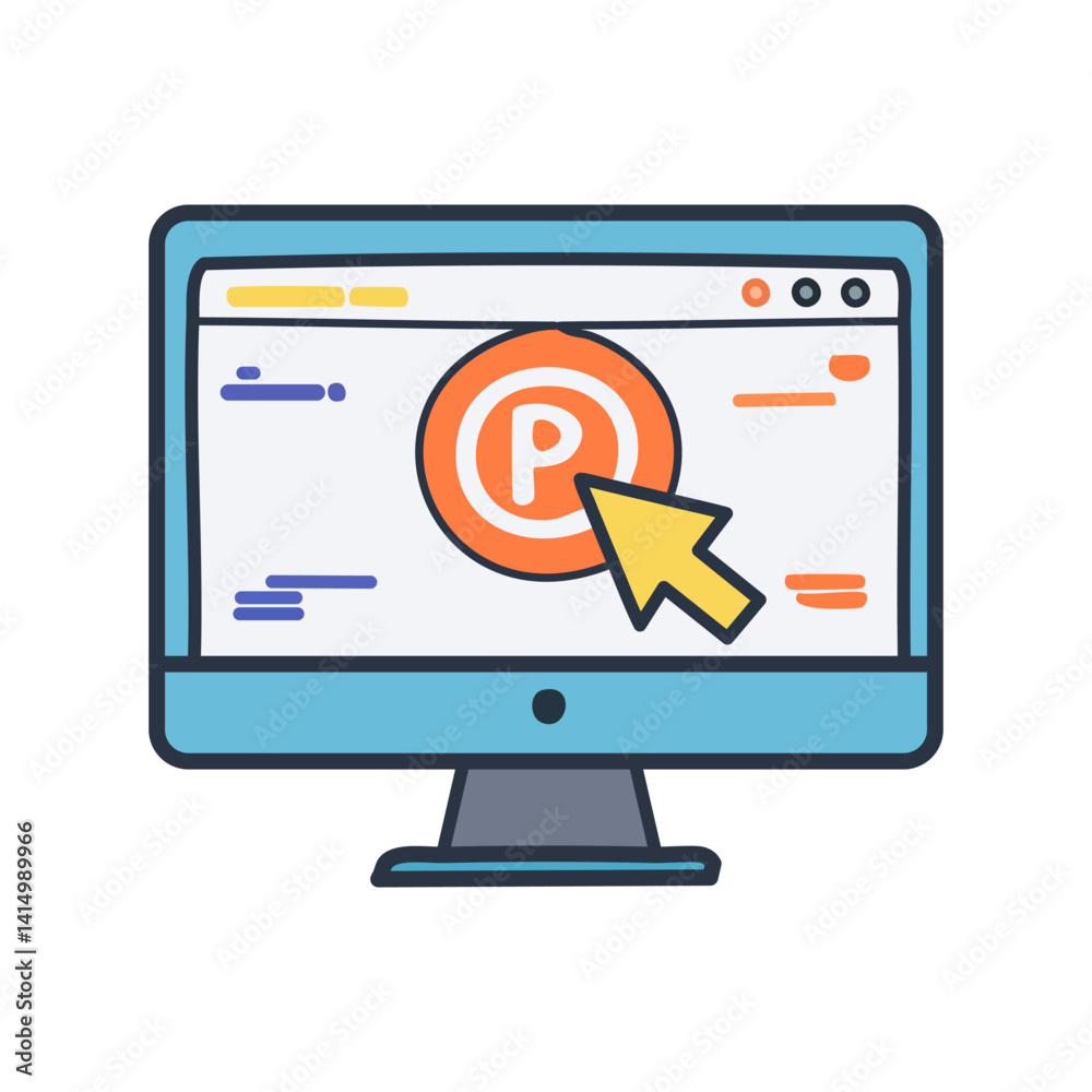 Flat vector icon of computer screen with clicking cursor, minimal style, easy to understand, representing PPC advertising or digital advertising Flat vector icon of computer screen with clicking cursor, minimal style, easy to understand, representing PPC advertising or digital advertising