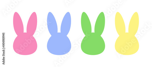 Set of colorful bunny silhouettes in vector format. Minimal pastel rabbit heads in pink, blue, green, and yellow. Cute Easter design elements for cards, stickers, and kids projects.  