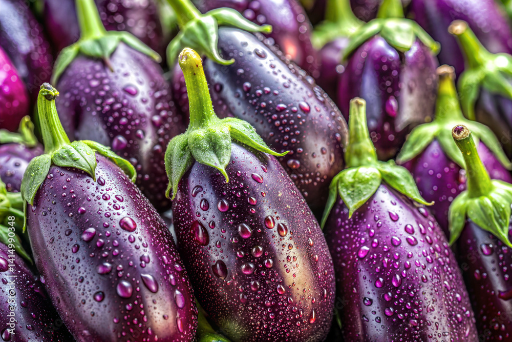 Close-up of glossy eggplants with water droplets. Perfect for organic farming, plant-based recipes, garden produce, and food backgrounds. Close-up of glossy eggplants with water droplets. Perfect for organic farming, plant-based recipes, garden produce, and food backgrounds.