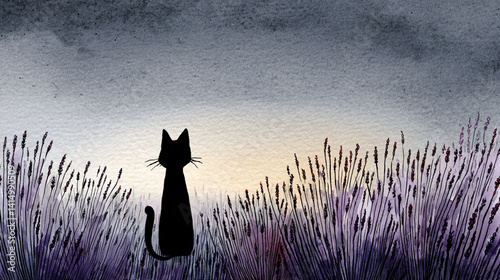 A silhouette of a cat sits amidst lavender fields under a soft, cloudy sky, creating a serene and contemplative atmosphere.