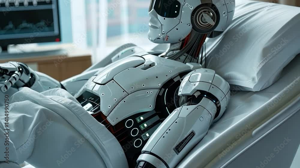 A Futuristic Medical Scenario: A humanoid robot in a hospital bed, contemplating the future of healthcare. A Futuristic Medical Scenario: A humanoid robot in a hospital bed, contemplating the future of healthcare.
