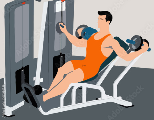 L’homme travailler sur traction latissimus machine dans le gymnase. Coloré schéma isométrique d’équipement de conditionnement physique en action. Illustration vectorielle plane. Isolé sur fond blanc
