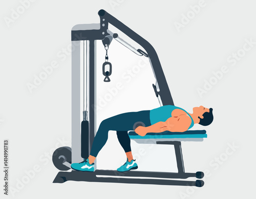 L’homme travailler sur traction latissimus machine dans le gymnase. Coloré schéma isométrique d’équipement de conditionnement physique en action. Illustration vectorielle plane. Isolé sur fond blanc
