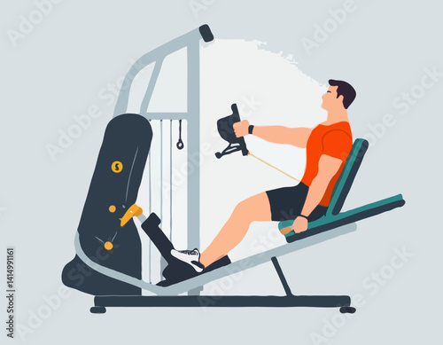 L’homme travailler sur traction latissimus machine dans le gymnase. Coloré schéma isométrique d’équipement de conditionnement physique en action. Illustration vectorielle plane. Isolé sur fond blanc
