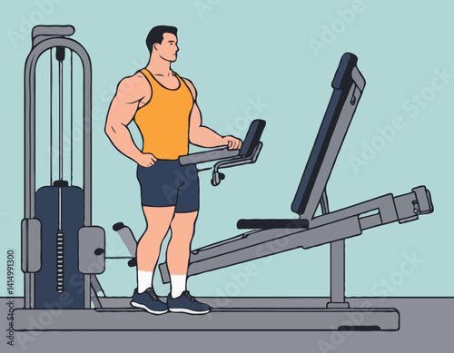 L’homme travailler sur traction latissimus machine dans le gymnase. Coloré schéma isométrique d’équipement de conditionnement physique en action. Illustration vectorielle plane. Isolé sur fond blanc
