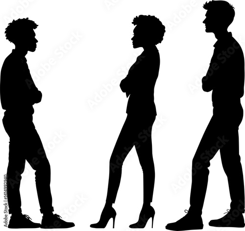 Vektor Silhouette - Familie - Frau, Mann und Jugendlicher stehen sich gegenüber mit verschränkten Armen - Design Element Körper